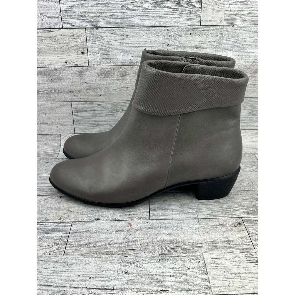 Ecco Shape 35 Grey Leather Block Heel‎ Ankle Boots Side Zip Womens 37 US 6-6.5